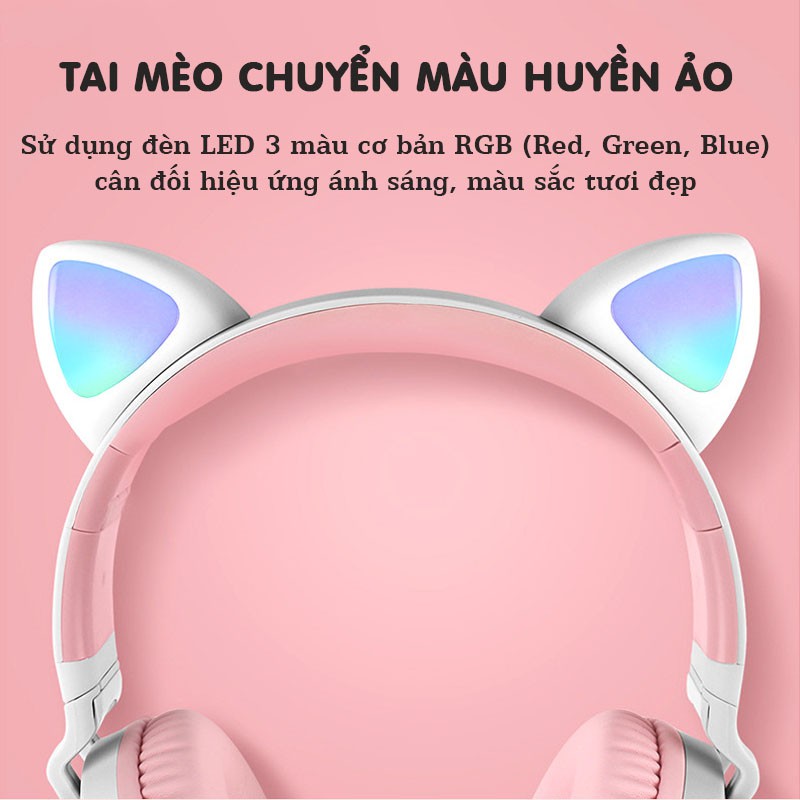 Tai nghe Bluetooth chụp tai Cát Thái BT028C thiết kế tai mèo cực kỳ dễ thương, chuyển màu RGB, âm thanh bass trầm