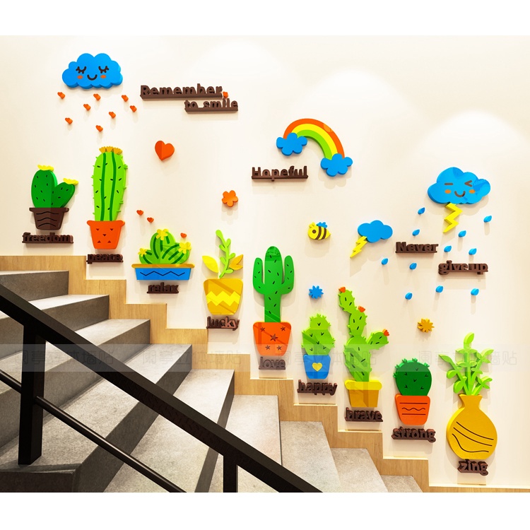 Tranh dán tường mica 3d decor Những cây xương rồng đáng yêu Trang trí nhà trẻ, cầu thang, phòng trẻ Nhiều Size - EPeBen