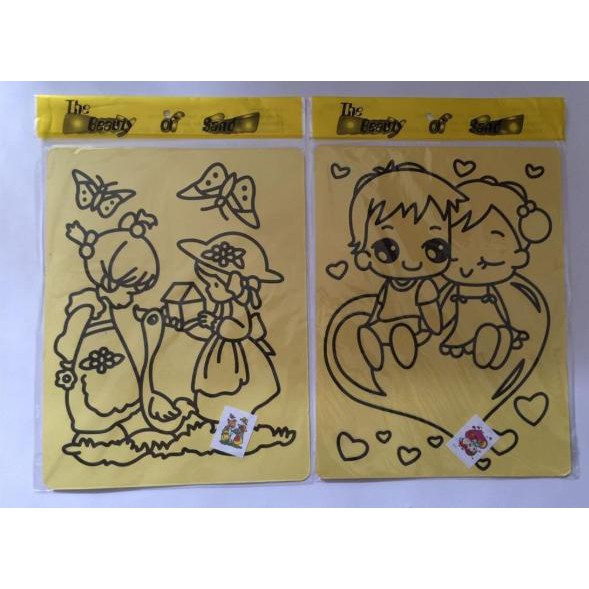 Tranh cát nền vàng A4 có sẵn 9 túi cát màu