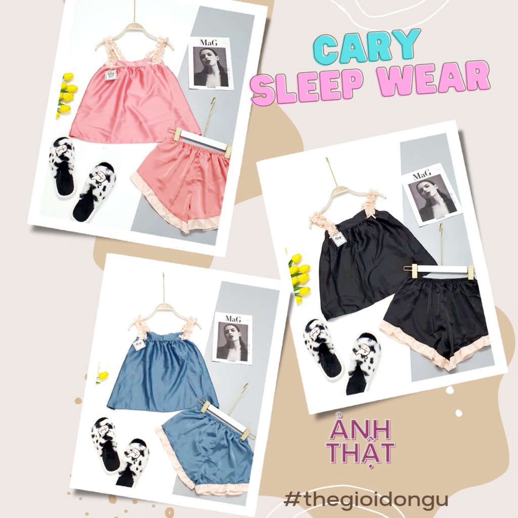Bộ ngủ sexy lụa satin CARY,đồ bộ 2 dây nhún quần viền bèo chất lụa satin mát mềm mại gợi cảm