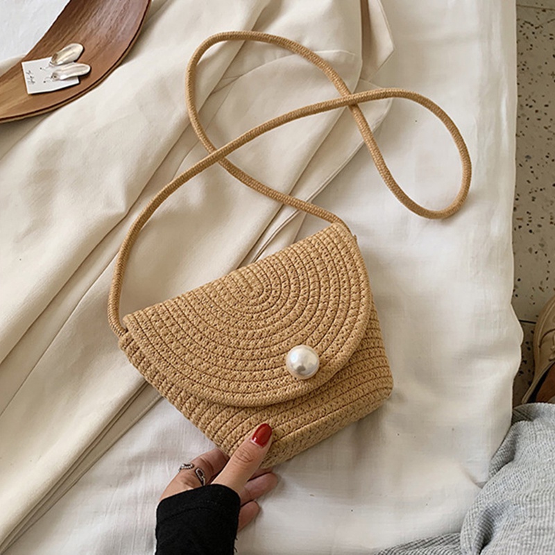 Túi cói IELGY chất liệu rơm dệt đính ngọc trai thời trang dành cho nữ