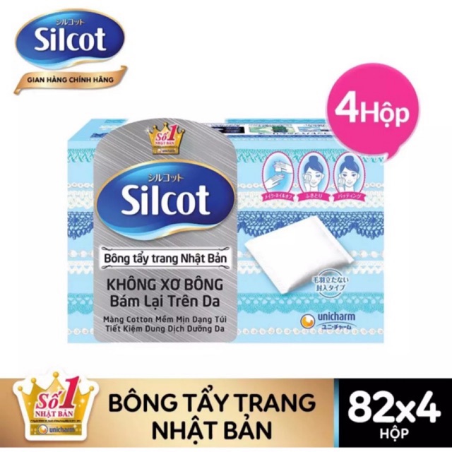 Combo 4 hộp bông tẩy trang 82 miếng/hộp Unicharm silcot Nhật Bản