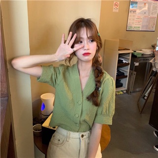 [Order] áo sơmi cổ V nút bọc ulzzang
