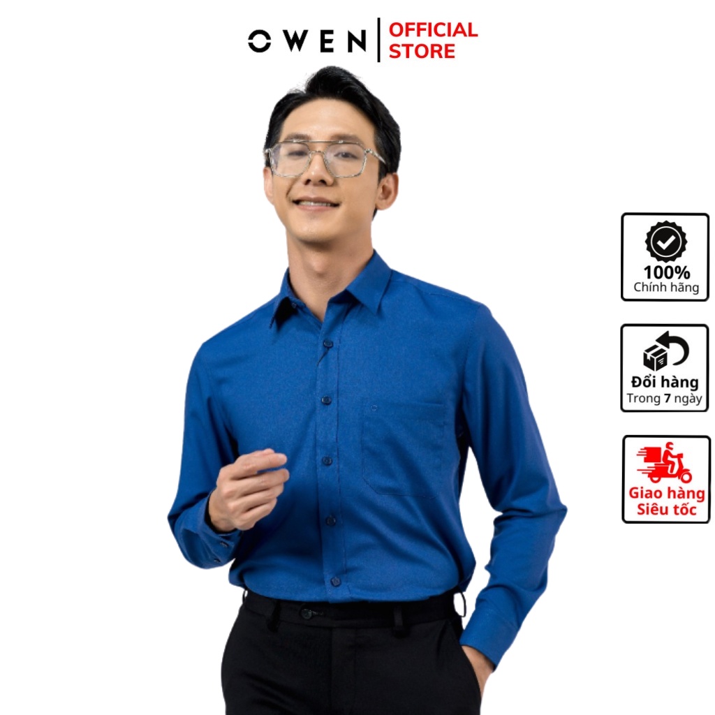 Áo sơ mi nam dài tay OWEN AS23412D somi công sở vải sợi tre cao cấp màu xanh tím than trơn dáng ôm tà lượn có túi