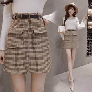 Chân váy dạ kẻ kèm đai