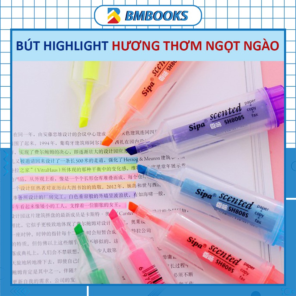 Bút highlight Sipa có hương thơm ngọt ngào thiết kế trong suốt xinh xắn BMBooks