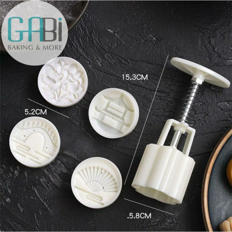 Khuôn trung thu nhấn lò xo 4 mặt 50-80g đền-cầu-quạt-hoa