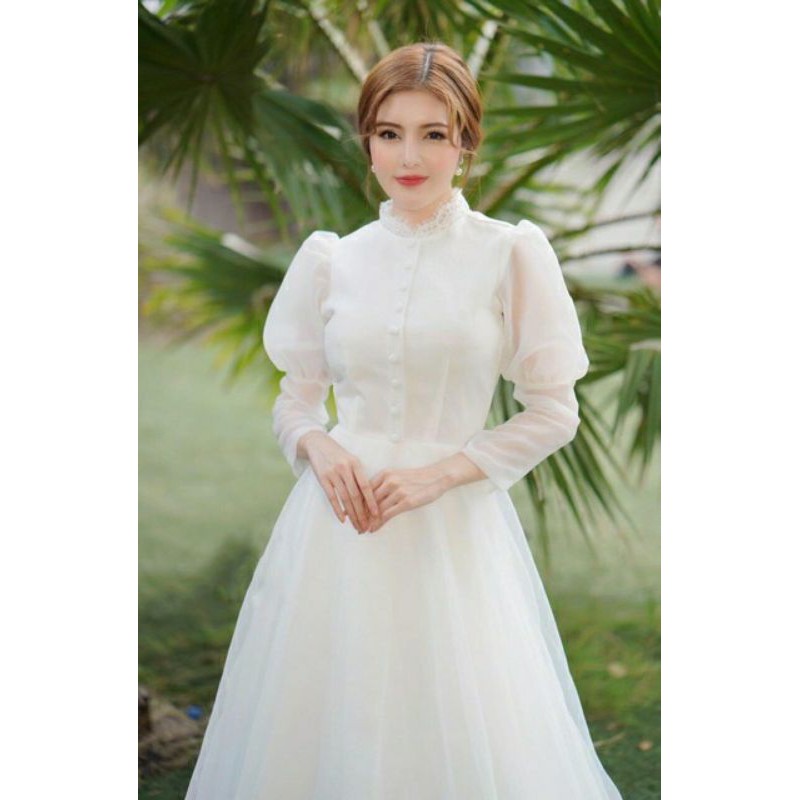 Đầm Maxi tay dài phối  lưới xòe 2 lớp tùng - ẢNH THẬT