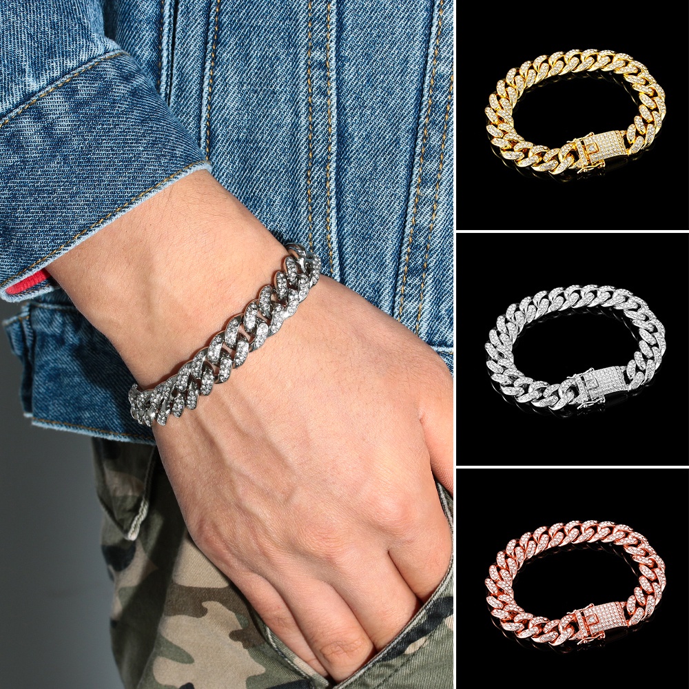 Cuban Vòng tay mạ vàng kim 14K đính đá kim cương lấp lánh rộng 12mm phong cách hip hop thời trang cho nam Vòng đeo tay vàng