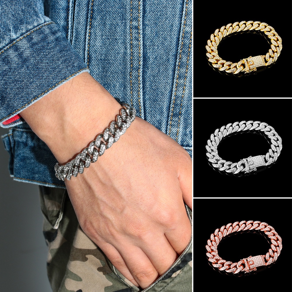 Vòng tay mạ vàng kim 14K đính đá kim cương lấp lánh rộng 12mm phong cách hip hop thời trang cho nam | WebRaoVat - webraovat.net.vn