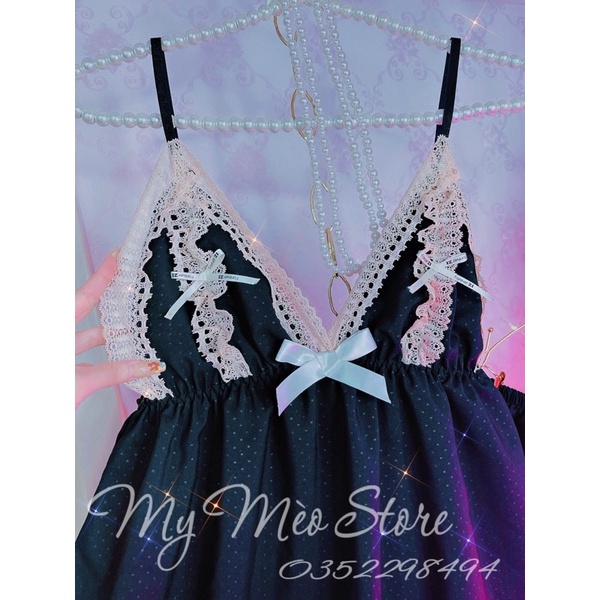 Đầm lụa đen phối ren kèm quần | BigBuy360 - bigbuy360.vn