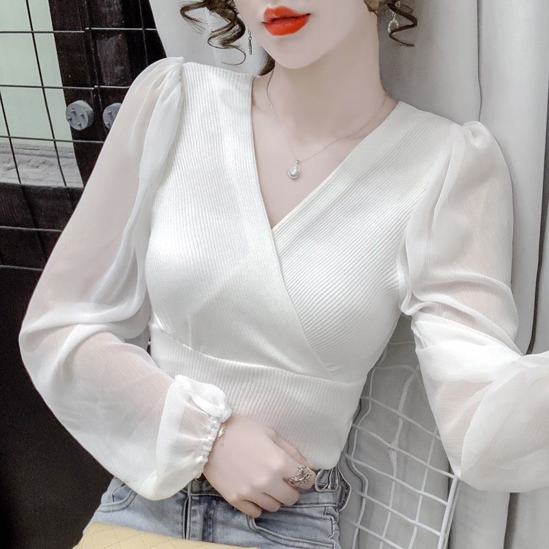 Áo Sơ Mi Chiffon Tay Dài Cổ Chữ v Màu Đơn Sắc Phong Cách Thời Trang Mùa Thu Mới Dành Cho Nữ