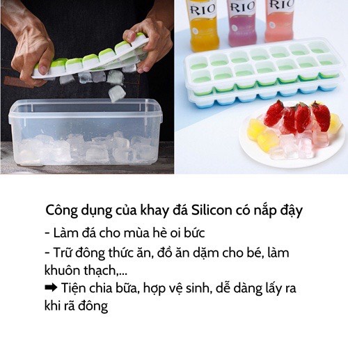 Khay Đá Silicon Có Nắp Đậy 14 Viên, Khay Đựng Đá Tủ Lạnh, Làm Đá Thạch Kem