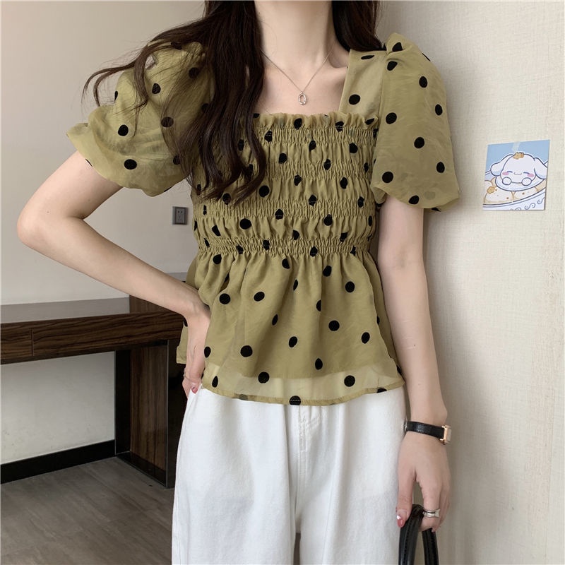 Áo Ngắn Tay Phồng Cổ Vuông Họa Tiết Chấm Bi Thời Trang Cho Nữ