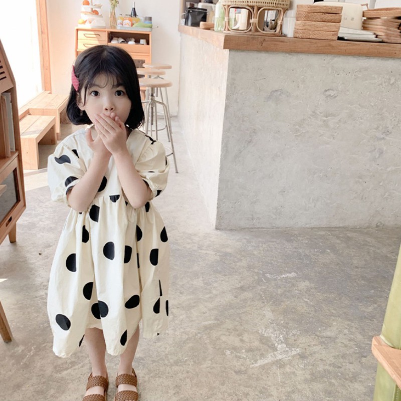 Đầm Bé Gái Chấm Bi Tay Phồng Phong Cách Hàn Quốc