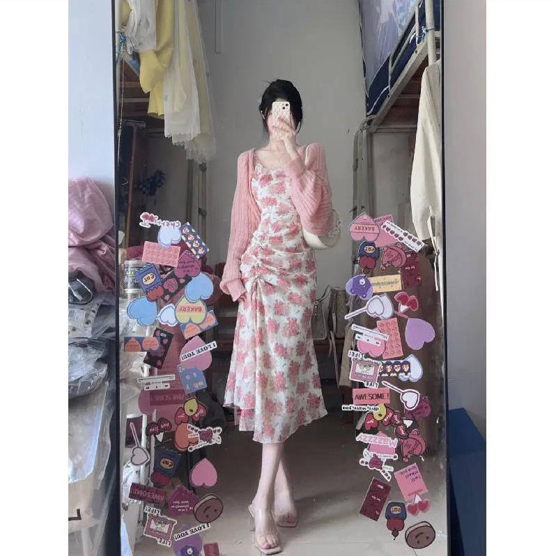 Bộ Áo sweater Dệt Kim Dáng Ôm Phối Chân Váy Yếm Dài Ôm Eo Dễ Thương Cho Nữ