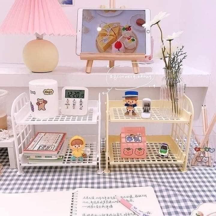 Kệ nhựa mini 2 tầng để đồ dùng học tập trang trí bàn học phong cách Hàn Quốc dành cho cô gái dễ thương