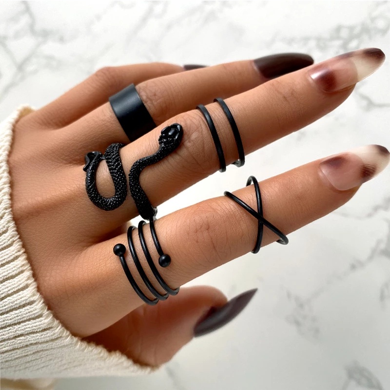 Bộ 5 Nhẫn Hình Rắn Đen Có Thể Điều Chỉnh Kích Cỡ Thời Trang Unisex