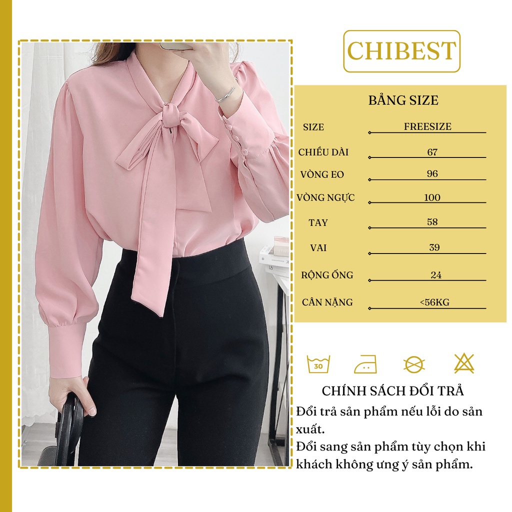 Áo somi nơ cổ tay dài chất vải lụa mềm mịn  CHIBEST AAB82