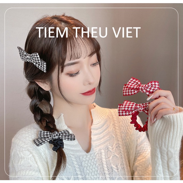 Set Nơ Kẹp Tóc Dây Buộc Tóc Tiệm Thêu Việt Khí Chất Thanh Lịch
