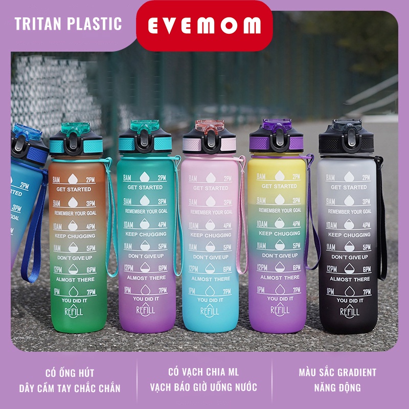 Bình Nước 1 Lít Thể Thao Màu Gradient Có Vạch Báo Giờ Uống Nước EVEMOM STORE BN006
