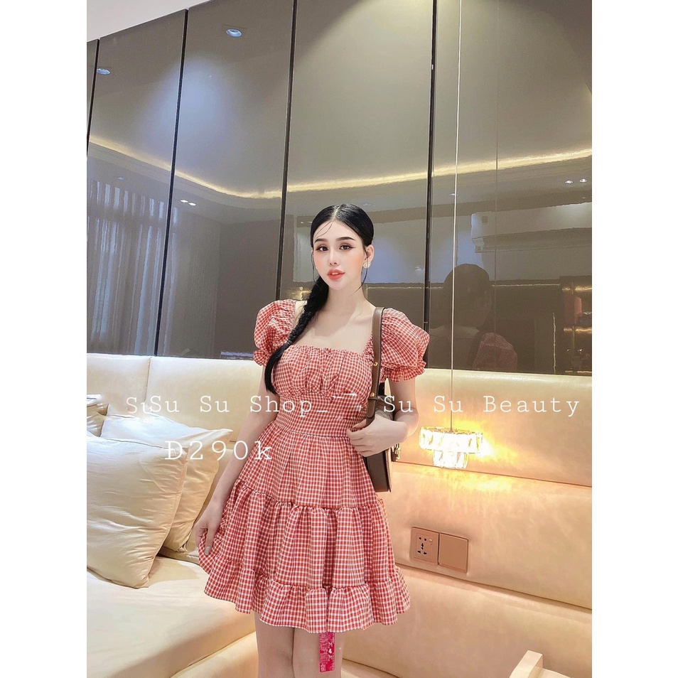 [Sales freeship 2022] Đầm Caro Tay Phồng Cổ Vuông, Váy Nữ Tầng Xoè Dáng Mini Siêu Xinh