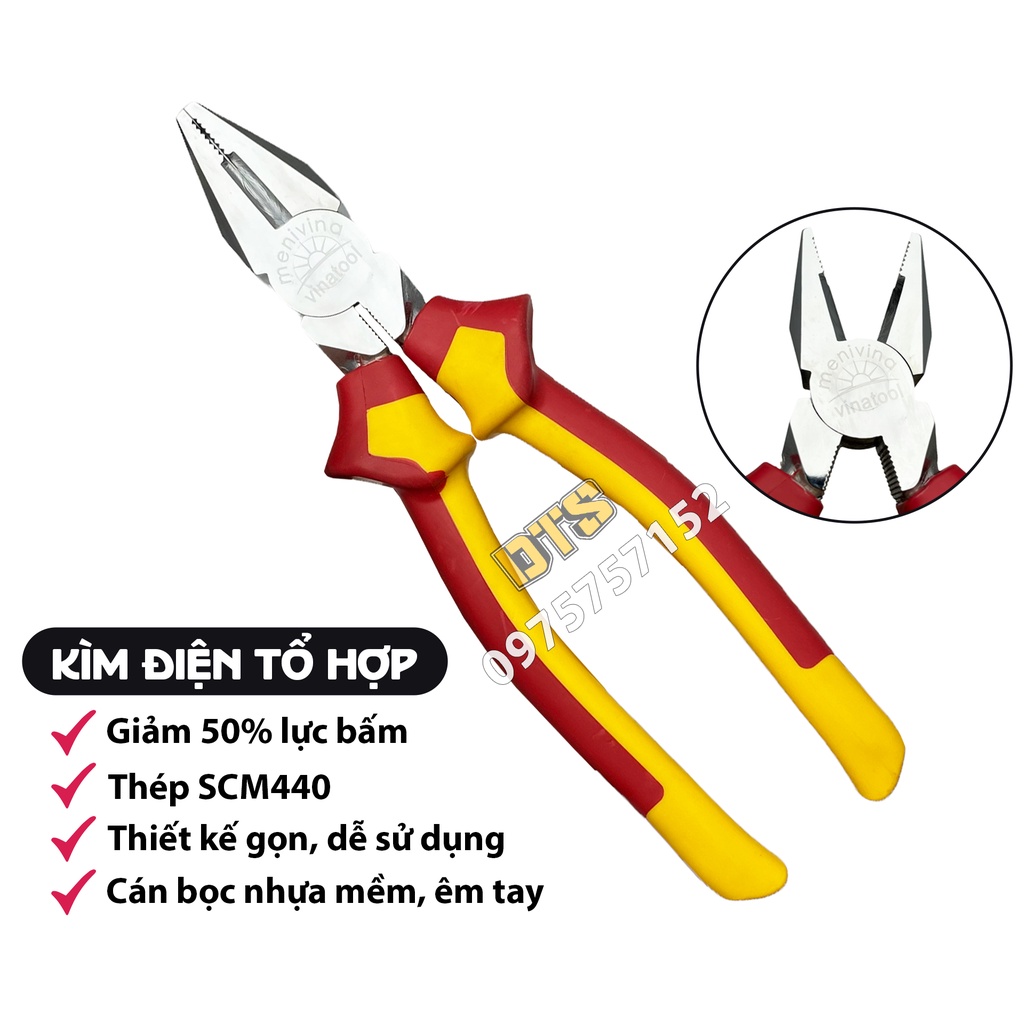 Kìm đa năng Menivina, kìm điện tổ hợp thép SCM440 siêu cứng chống gỉ, kềm trợ lực cắt dây lưỡi siêu bén, sáng bóng