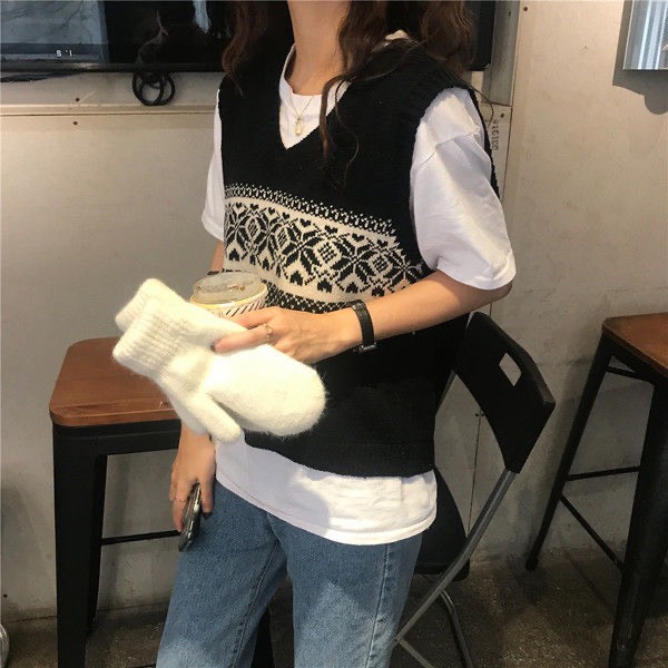 Gile Len Nữ Họa Tiết VinTage, Áo gile len Mỏng Cổ V Chất Đẹp Cho Chị em
