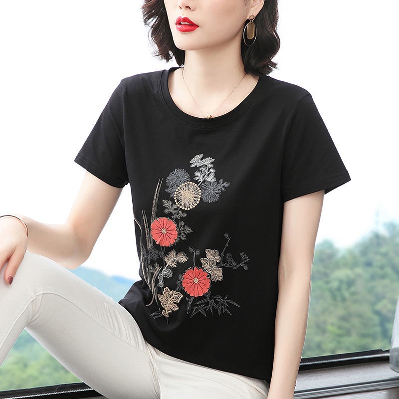 Áo thun tay ngắn dáng rộng màu sắc đơn giản dành cho phụ nữ trung niên