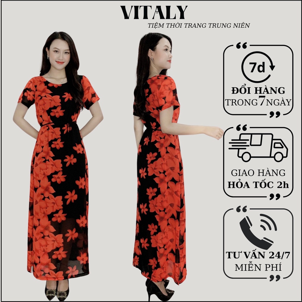 Đầm Trung Niên Sang Trọng Cao Cấp VITALY,Váy Lụa Nữ Cho Mẹ Đẹp Đi Chơi Dự Tiệc Du Lịch Dáng Dài Suông 30,40,50 Tuổi V06