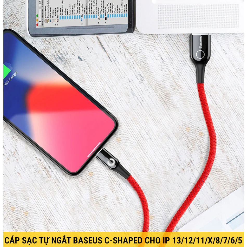 Cáp Sạc Tự Ngắt Khi Pin Đầy Baseus C-Shaped - Cho IP 5/6/7/8/X/Xs/11/12/13/Pro/ProMax - Sạc Nhanh Max 2.4A