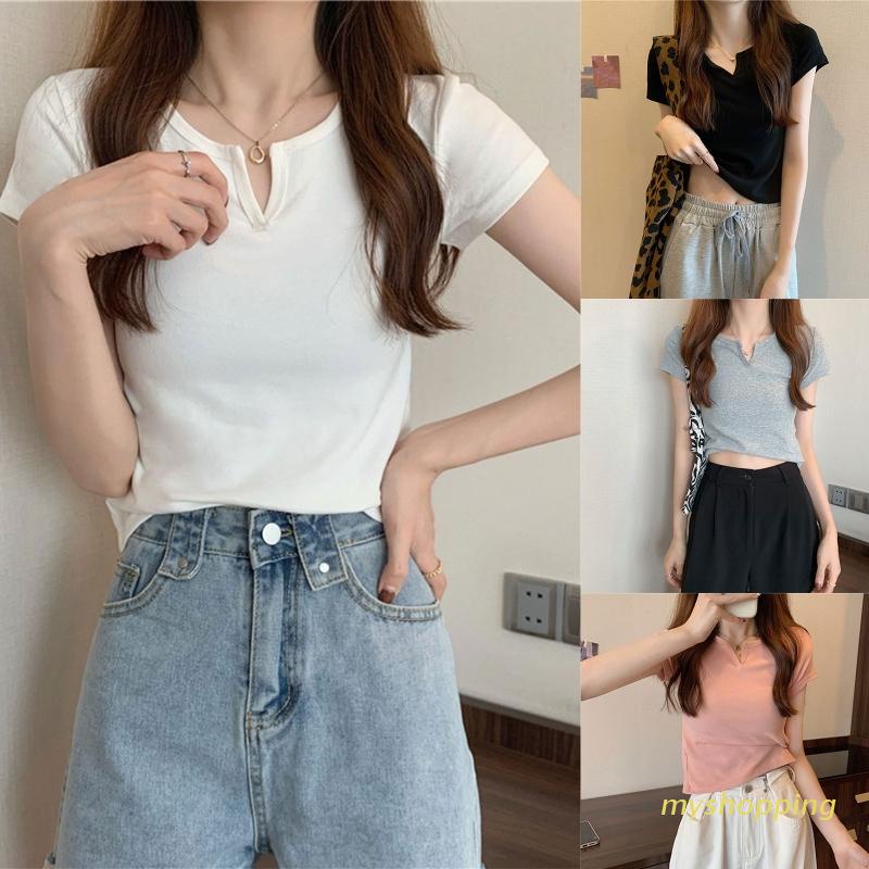 Áo Thun Crop Top Tay Ngắn Cổ Chữ V Màu Sắc Đơn Giản Dành Cho Nữ