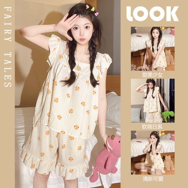 Bộ Đồ Ngủ Áo Sát Nách Phối Quần Short Vải Cotton Lanh Thời Trang Mùa Hè Cho Bé Gái