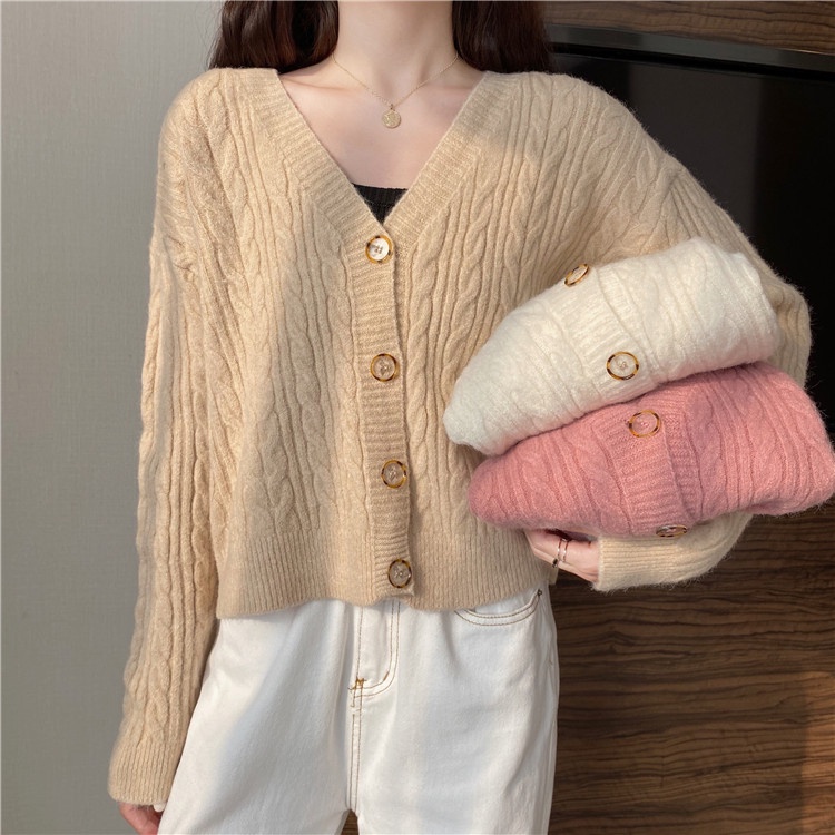 Áo khoác cardigan ZHELIHANGFEI dệt kim tay dài cổ chữ V dễ phối đồ sành điệu