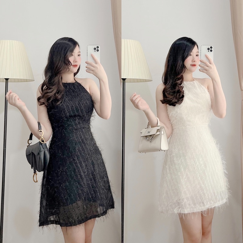 Váy cổ yếm lông tơ nhũ sang chảnh