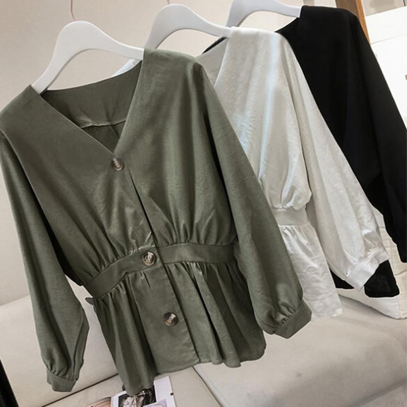 Áo Kiểu Tay Dài Cổ Chữ V Phối Nút Phong Cách Hàn Quốc
