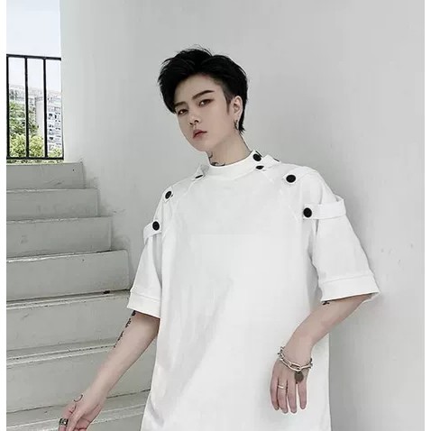 Áo thun unisex form rộng phối nút cực chất - Áo phông tay lỡ nam nữ cổ tròn phong cách ulzzang Hàn