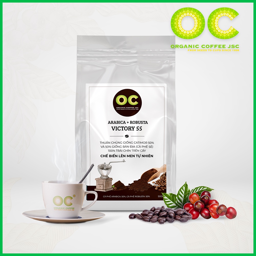 Cà phê rang mộc Robusta và Arabica hữu cơ VICTORIA 55,Cafe dùng pha phin và pha máy nguyên chất từ Organic Coffee JSC