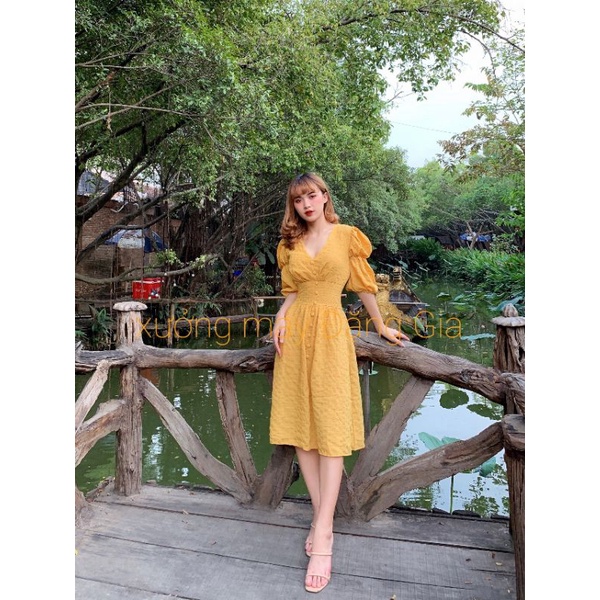 Đầm tay nhún cổ tim,đầm tay lỡ công sở xinh sắn P4215