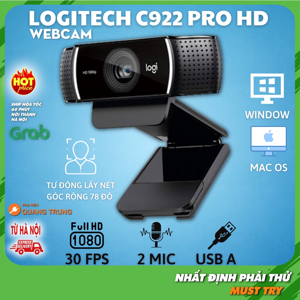 Webcam logitech C922 pro HD, autofocus dùng rất tốt cho học online, hội họp và livestreams, có hỗ trợ mic kép