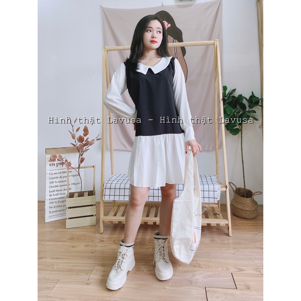 Đầm Babydoll Dài Tay Cổ Sen 🦋FREESHIP🦋 Váy Nữ Tay Bèo Đuôi Cá Phối Màu Đen Trắng LAVUSA