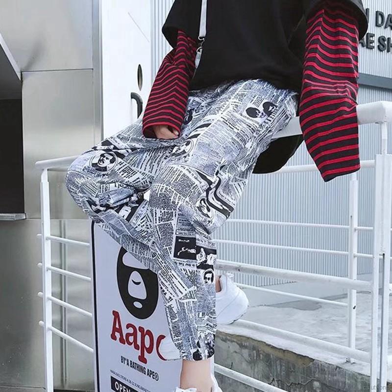 Quần dài lưng thun rút dây họa tiết báo chí phong cách Hàn Quốc cho nữ | BigBuy360 - bigbuy360.vn