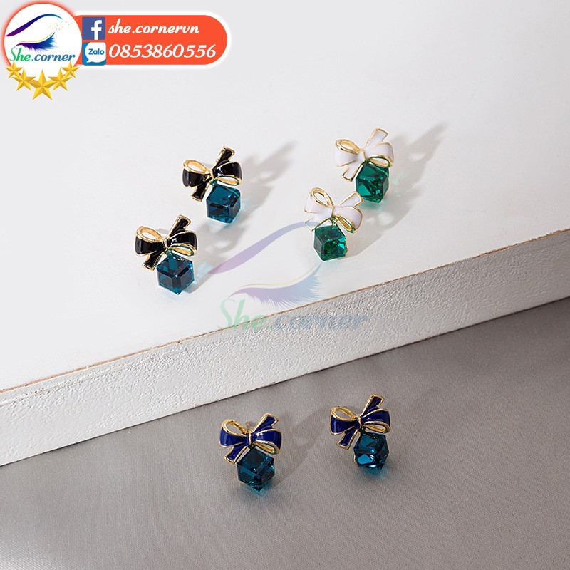 Hoa tai bông tai E175 dá xanh nơ nhỏ đính hạt thời trang phong cách Hàn Quốc