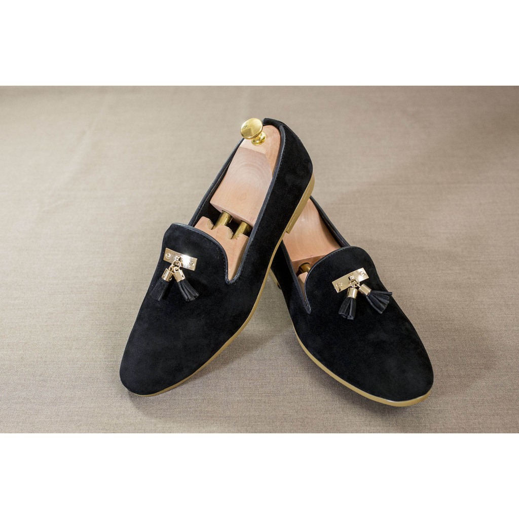 [Siêu Sale] Giày Lười Nam Đẹp Đế Khâu Chuông Vàng Da Búc Màu Đen Sang Trọng - M124-BUCK(GM)- Kèm Vòng Phong Thủy Gỗ Mun
