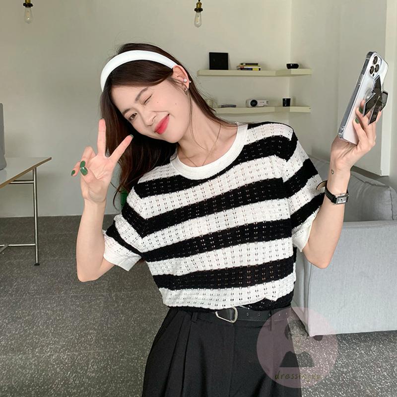 Áo Thun Tay Ngắn Họa Tiết Sọc Thời Trang Sành Điệu Cho Nữ