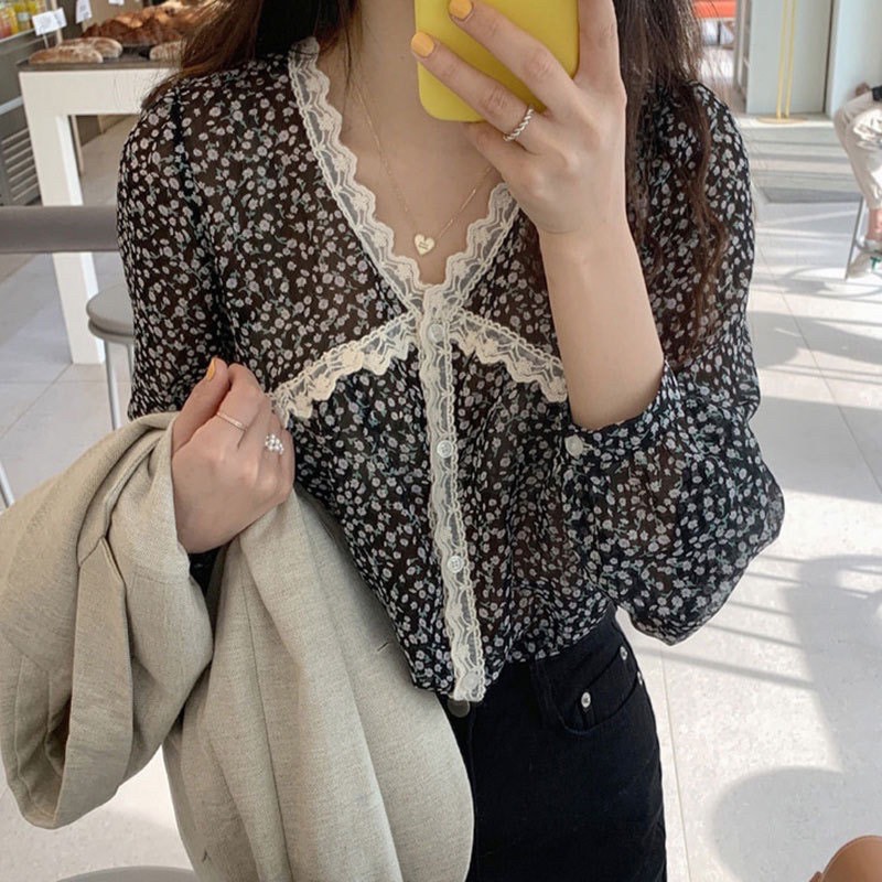 [Hàng Quảng Châu]SP110 Áo voan hoa nhí viền ren