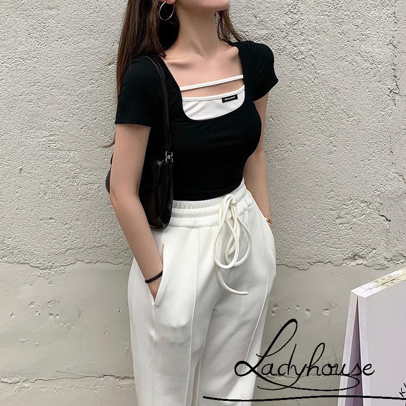 LDD-Women Close-fitting U-shaped Collar T-shirt, Variegated Color Short Sleeve Crop Tops, Black/ White