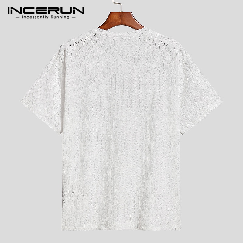 Áo thun lưới INCERUN tay ngắn màu trơn dáng rộng phong cách retro cho nam giới