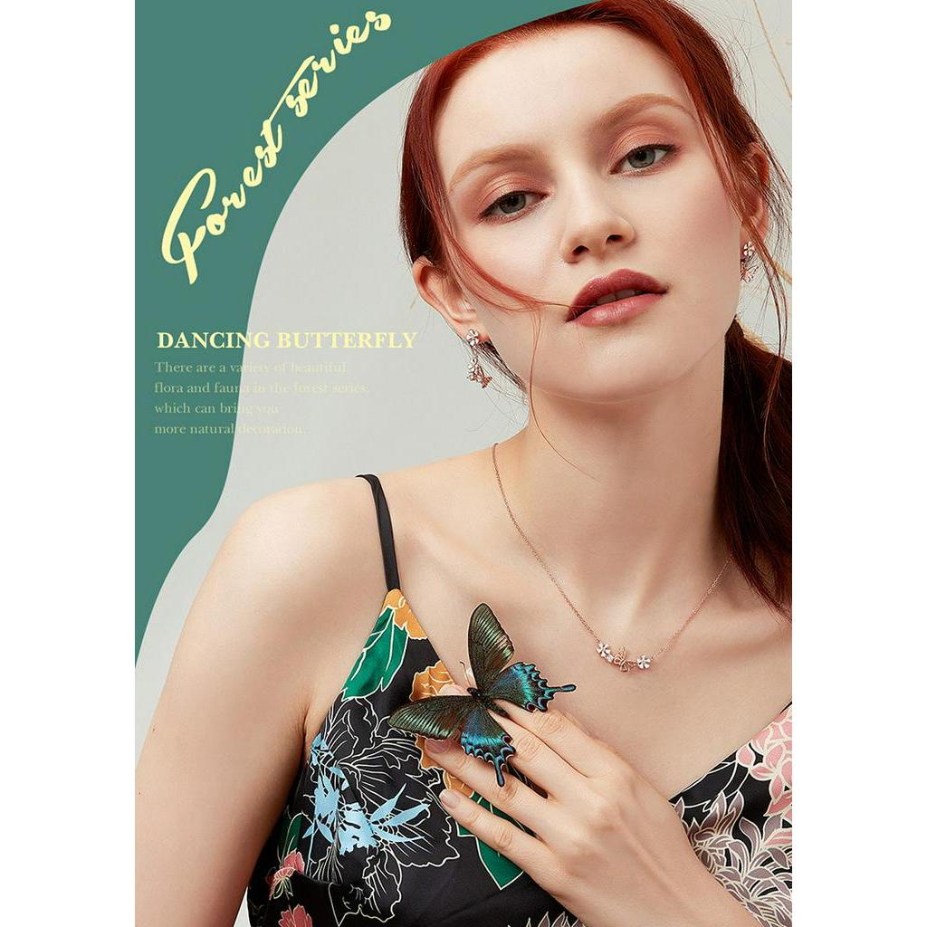 Đôi Bông Tai BAMOER BSE100 Bạc 925 Thật Nạm Đá Mặt Hình Bướm Và Hoa Dành Cho Nữ