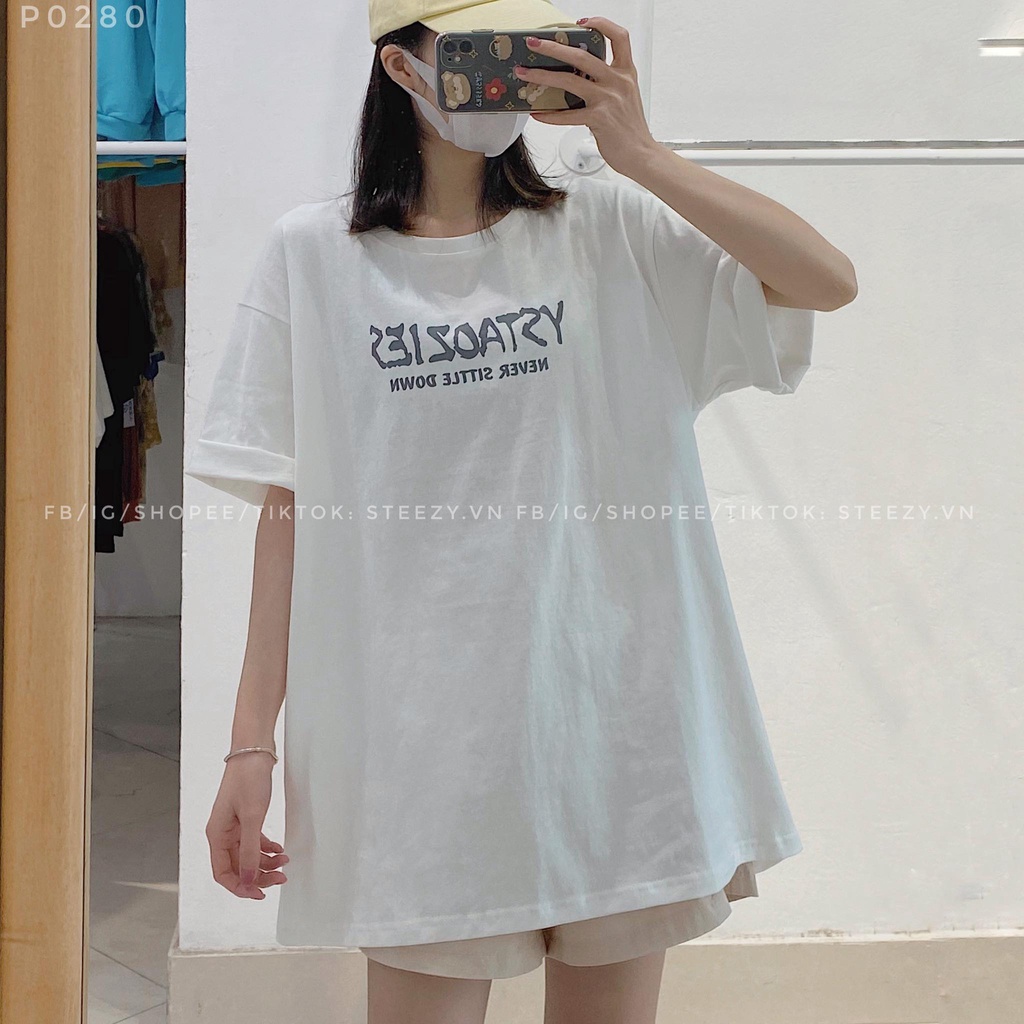 Áo thun cotton mỏng in chữ nhòe YSTAOZIES form rộng